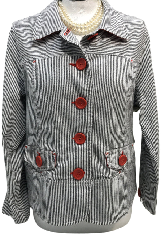 EUC Onque Casuals Grey and White Pin Stripe Shacket W/ Large Orange Buttons Ladies S/M