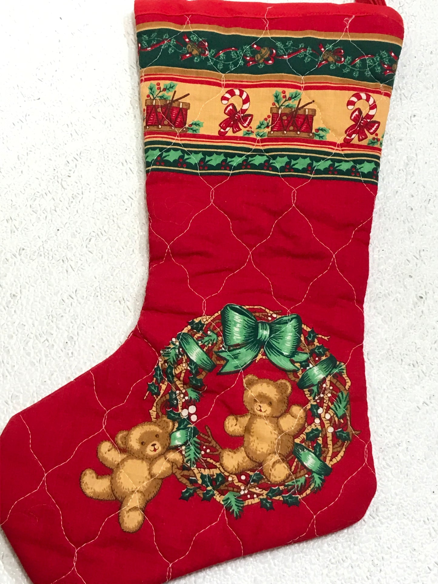 Vintage Handmade Christmas Stocking Red Quilted With Teddy Bears