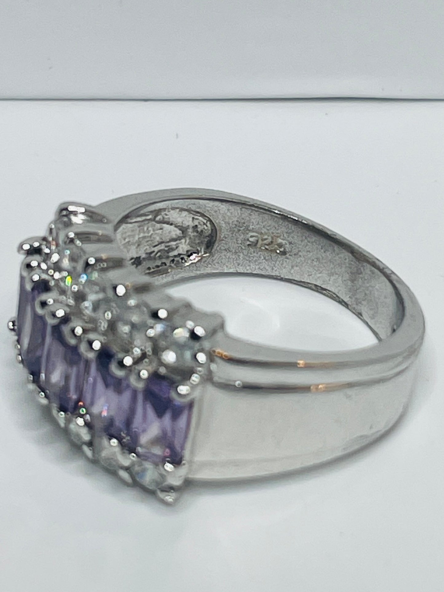 Sterling Silver RING 925 With Clear & 5 Amethyst Stones SIZE 6