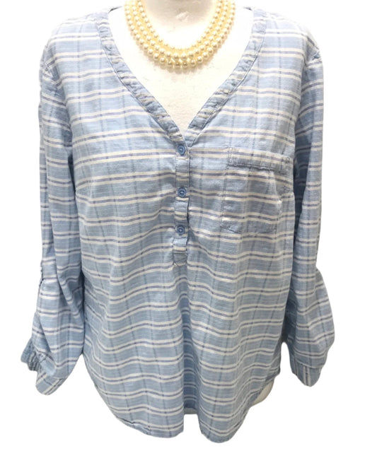 Faded Glory Blue and White Stripe Shirt Ladies L 12/14