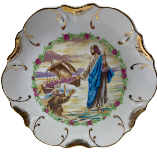 Vintage Decorative Plate 22K Gold Trim Jesus Walks On Water 8"