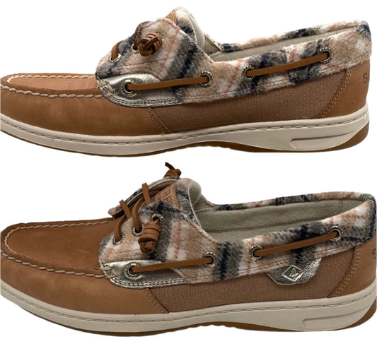 EUC Sperry Boat Top Sider Shoe Leather with Fleece Plaid Accents Ladies 8