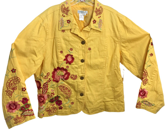 Coldwater Creek Fashion Jacket Yellow with Embroidered Flowers Ladies XL