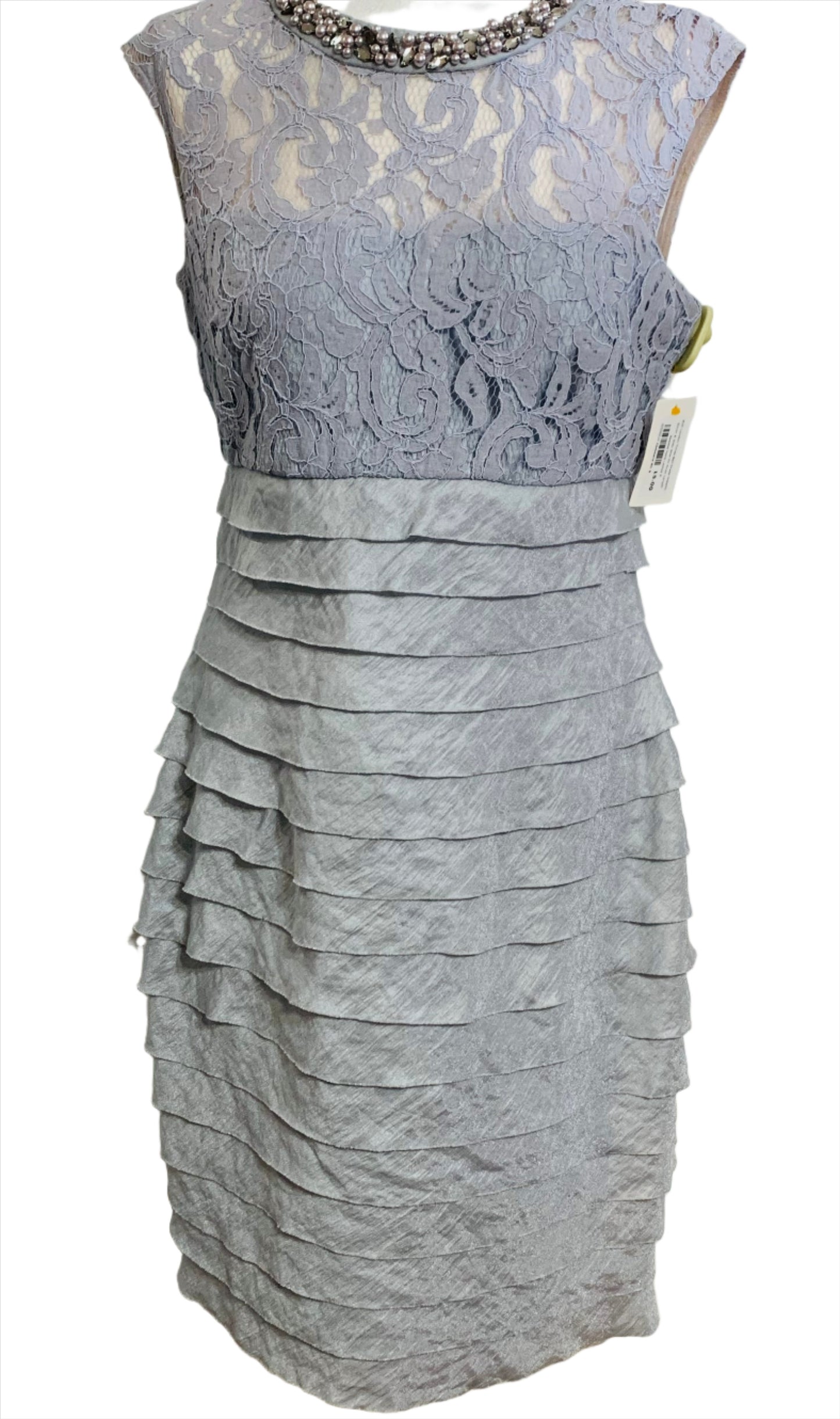 EUC London Times Ball Dress Metallic Silver & Gray Slim Fit Knee Length Beaded Neck Ladies 8