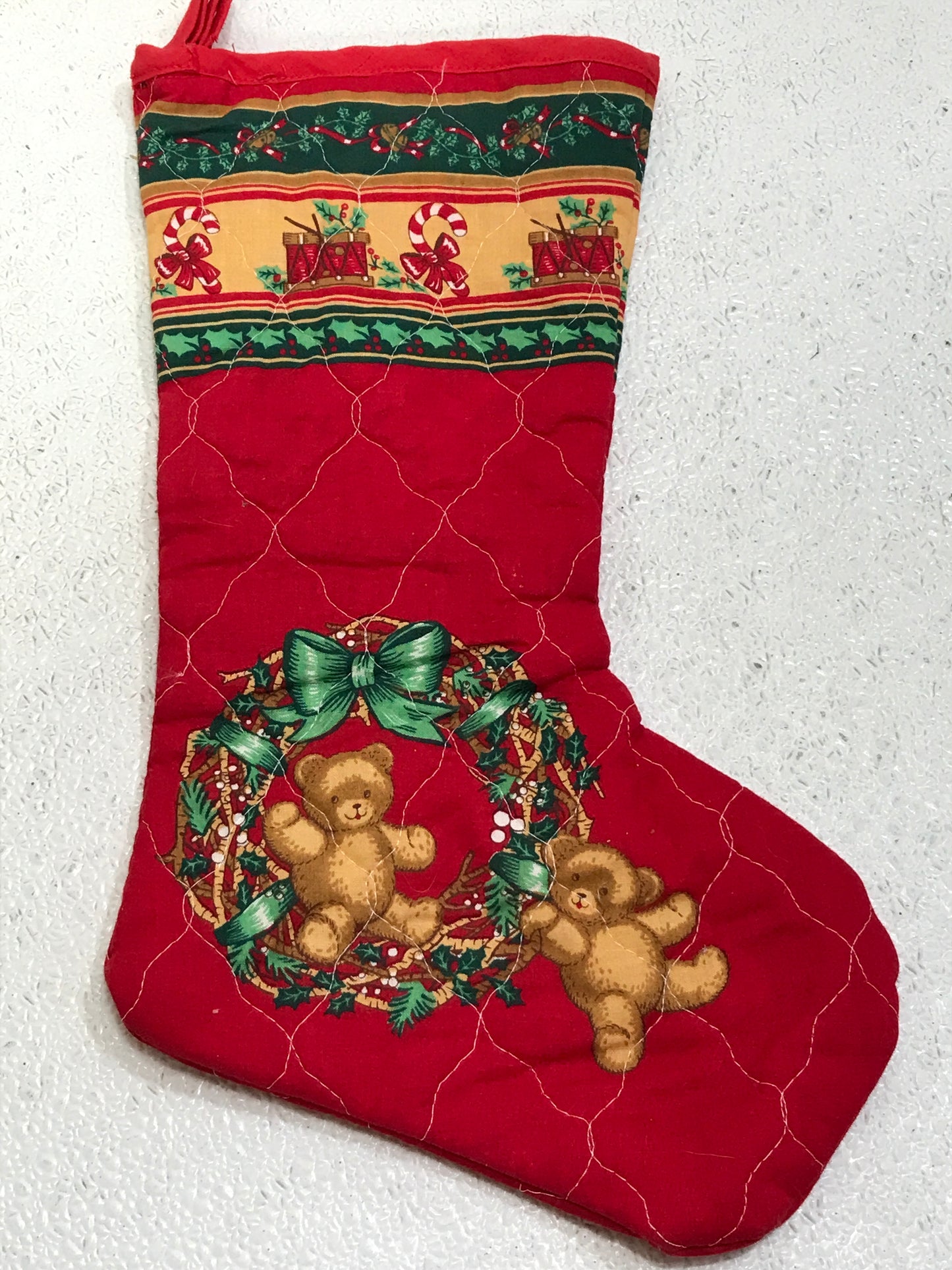 Vintage Handmade Christmas Stocking Red Quilted With Teddy Bears