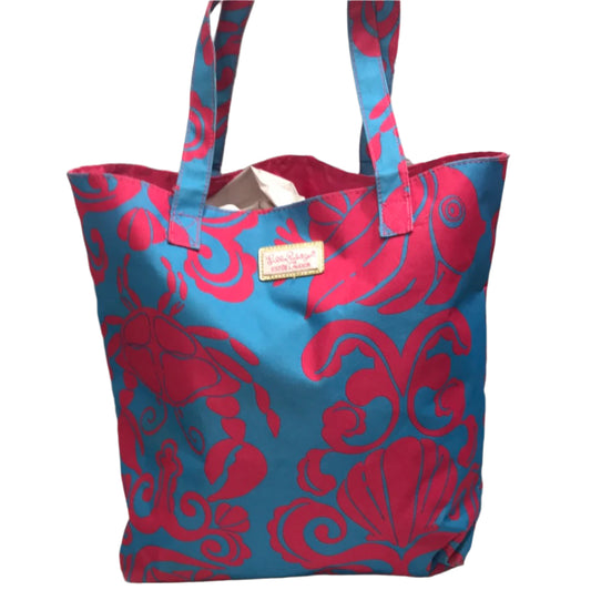 Lilly Pulitzer for Estee Lauder Tropical Crabs Canvas Tote Bag Pink & Blue 16"