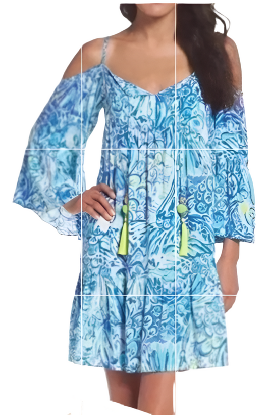 Lilly Pulitzer Dress Blue Floral Flowy Arms with Peek a Boo Shoulders Ladies S