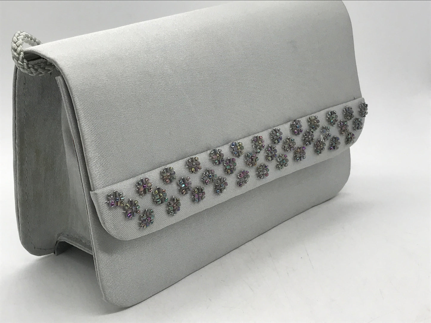 NEW! Sasha Cluch Bag Small Silver Satin with Beaded Front Accents 7" x 5"