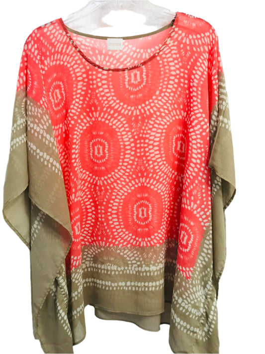 Chicos Sheer Poncho Flowy Top Pink & Tan Ladies OS