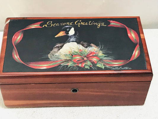 Vintage LANE Genuine Keepsake Cedar Chest Trinket Box with Handpainted Christmas Image w/KEY!