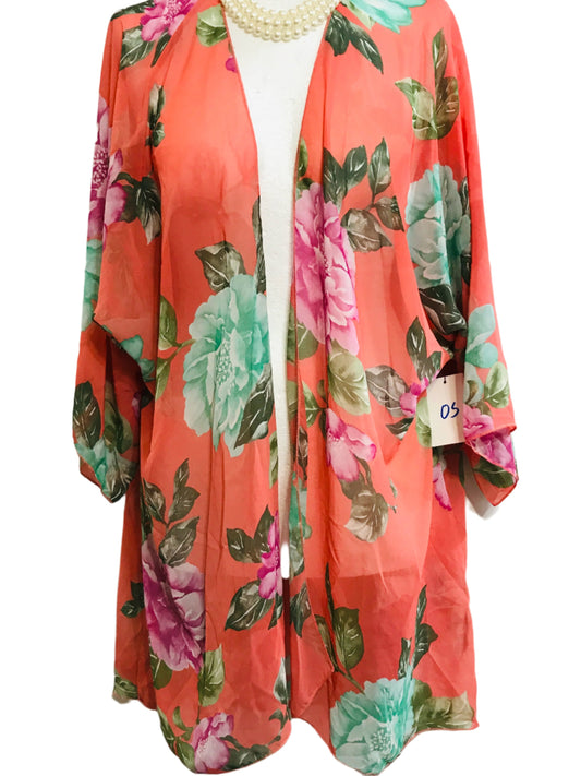 Sheer Orange Floral Open Front Flowy Shawl/Cardigan/Cover Up Ladies ONE SIZE