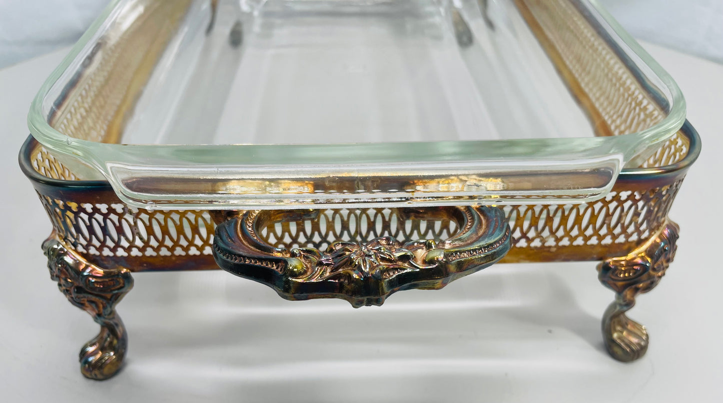 Vintage Leonard Silver Plated Server with Glass Casserole Dish Beautiful Petina Pattern!