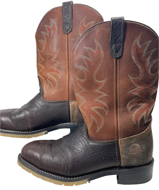 Double H AG7 Roper Cowboy Boot Steel Toe Dark Chocolate/Tan Mens 9.5 SHOWS WEAR