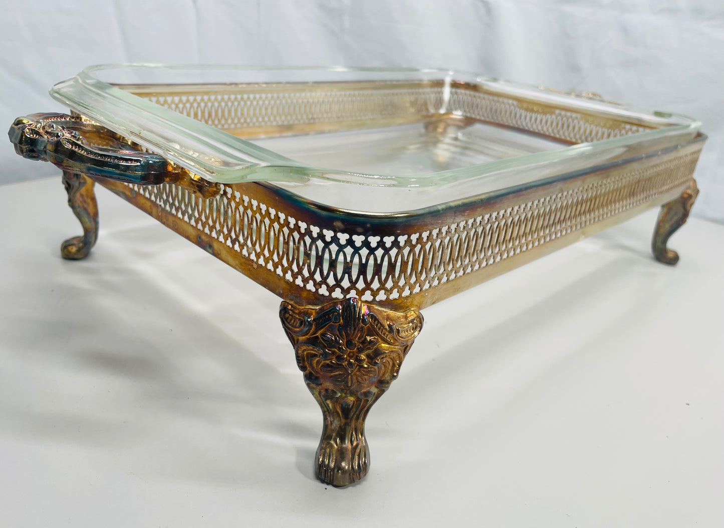 Vintage Leonard Silver Plated Server with Glass Casserole Dish Beautiful Petina Pattern!