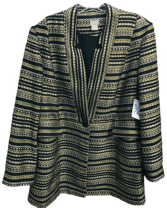 Chico's Dress Blazer Jacket One Button Black with Metallic Gold & Silver Woven Stripes Ladies 3 / L/XL