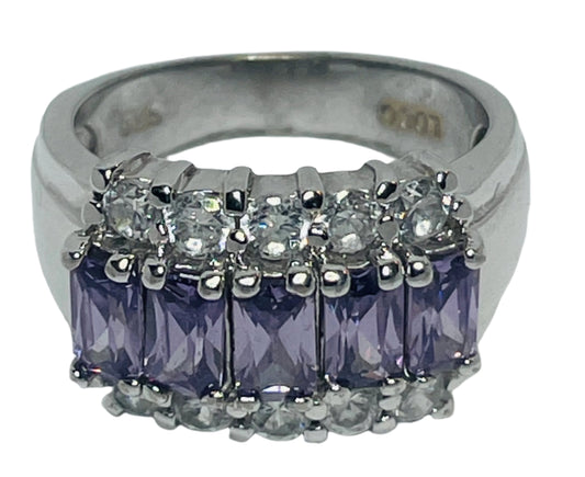 Sterling Silver RING 925 With Clear & 5 Amethyst Stones SIZE 6