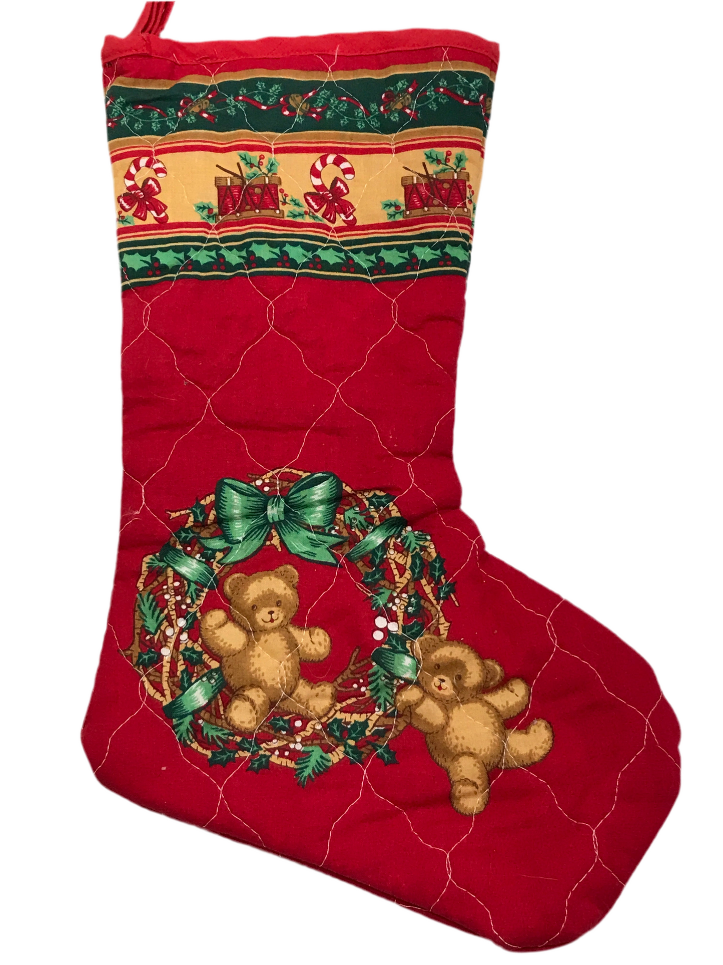 Vintage Handmade Christmas Stocking Red Quilted With Teddy Bears