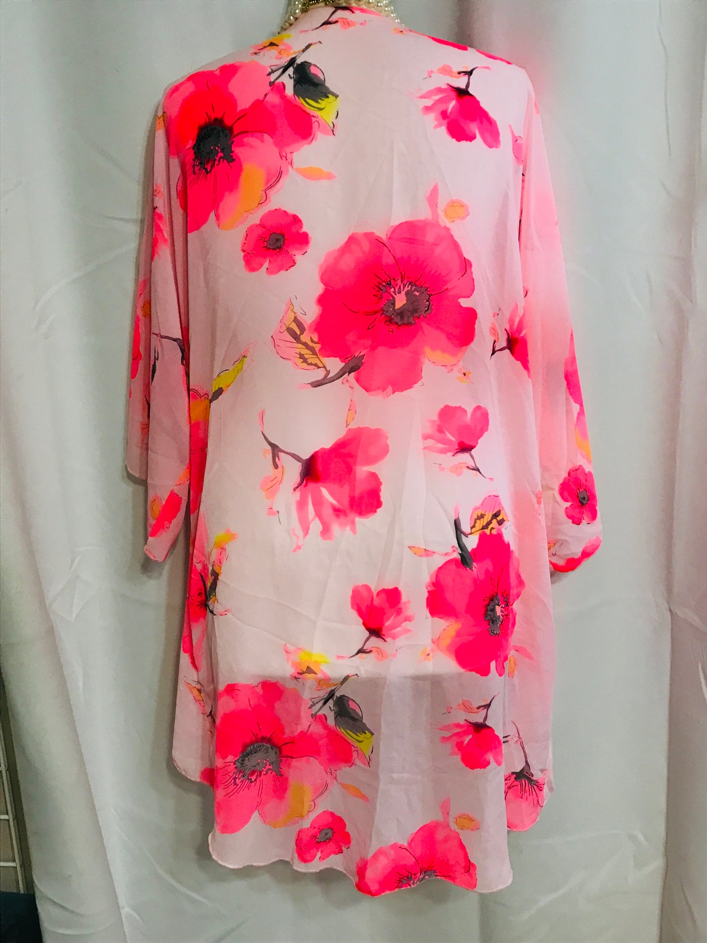 Sheer Bright Pink FLowers Open Front Flowy Shawl/Cardigan/Cover Up Ladies ONE SIZE