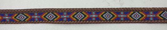 Vintage Retro 1991 Southwest Colorful Beaded Design Tan Leather Belt 30"