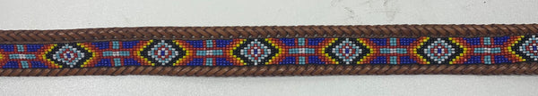 Vintage Retro 1991 Southwest Colorful Beaded Design Tan Leather Belt 30"