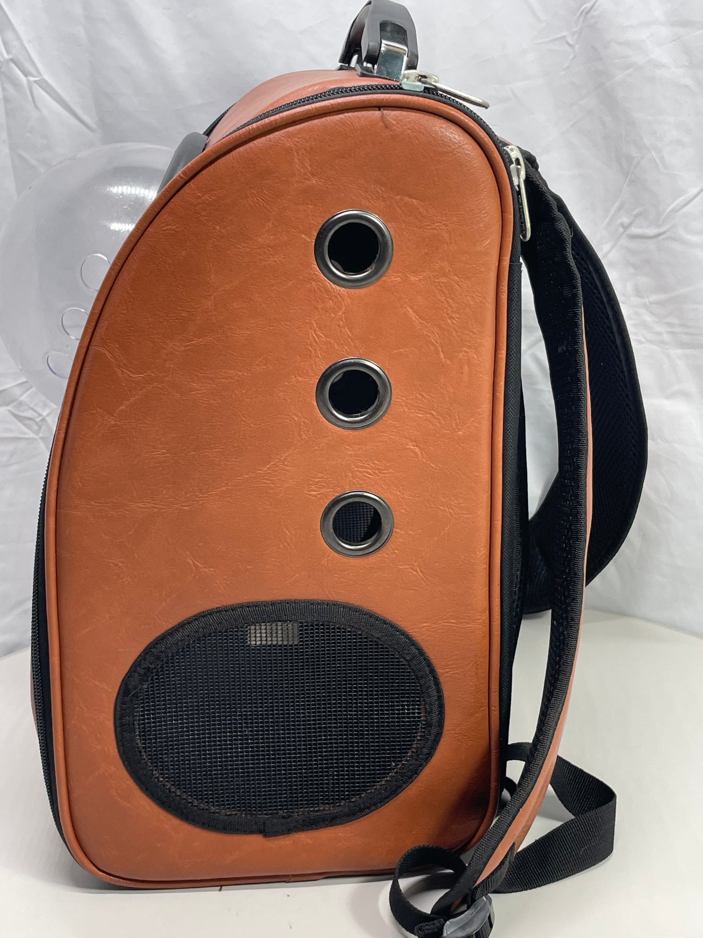 Sherpa Faux Leather Tan Backpack Cat Carrier with Clear Porthole Zippers Are Tarnished