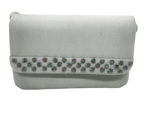 NEW! Sasha Cluch Bag Small Silver Satin with Beaded Front Accents 7" x 5"