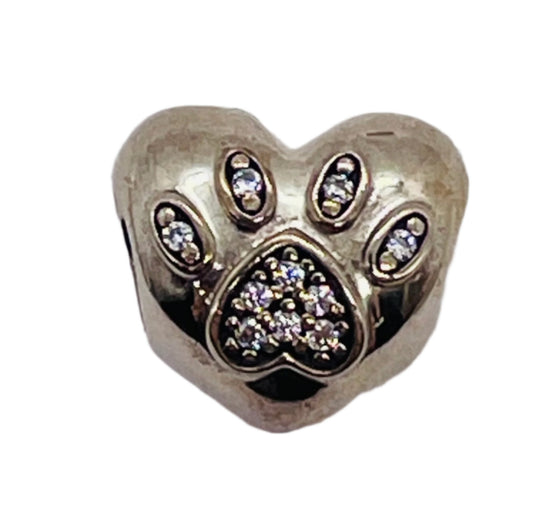 Sterling Silver 925 PANDORA BEAD Heart Cat Dog Print /  I Love My Pet