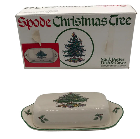 NIB Spode Christmas Tree Stick Butter Dish & Cover