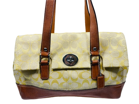 Coach F13070 Hampton Sachel Purse Yellow/Gold Signature Large Purse SHOWS WEAR/STAINING 12" x 10"