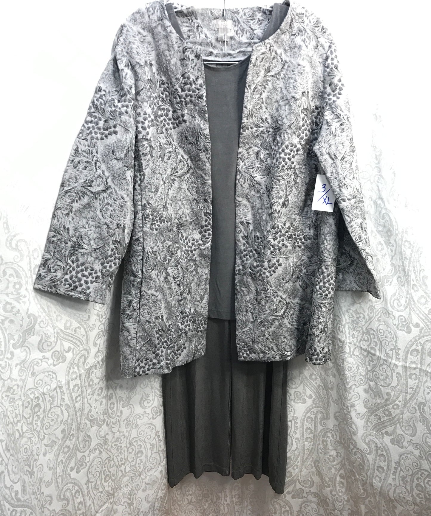 Chico's 3 PC Outfit Metallic Silver Travelers Pants & Tank Top with Beautiful Silver Dress Jacket Ladies 3