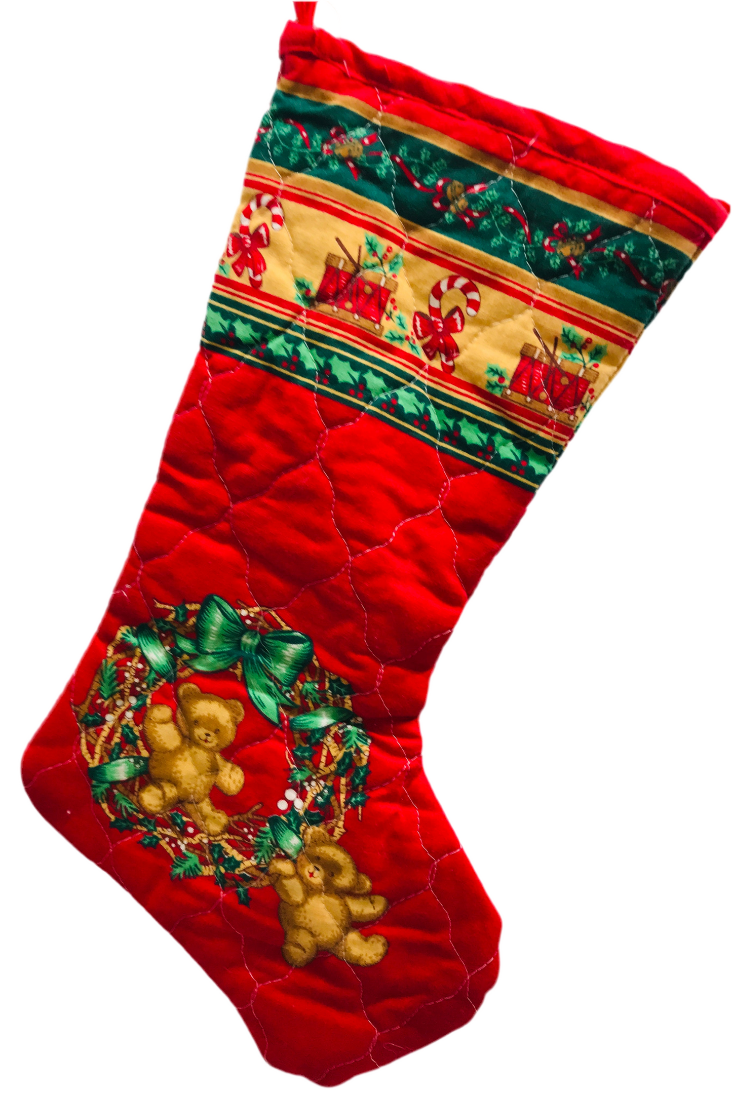 Vintage Handmade Christmas Stocking Red Quilted With Teddy Bears