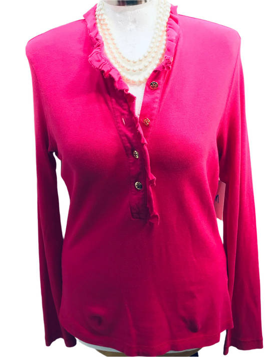 Tory Burch Pink Ruffle Neck 1/2 Button Long Sleeve Shirt Ladies M