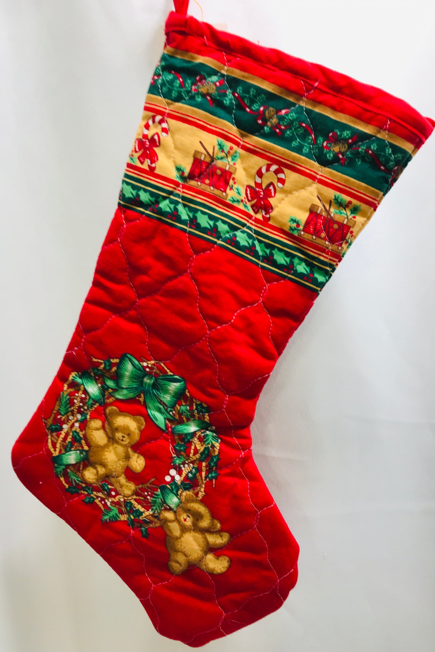 Vintage Handmade Christmas Stocking Red Quilted With Teddy Bears